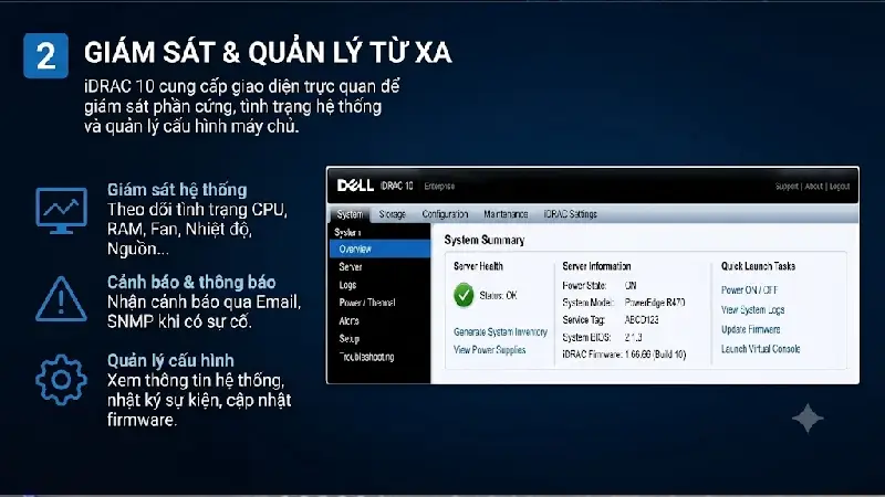 Hệ Thống Quản Trị iDRAC 10 Trên Máy Chủ Dell R470 Có Những Điểm Gì Mới? Hệ thống giám sát liên tục tình trạng phần cứng, hiệu năng và cảnh báo sự cố theo thời gian thực