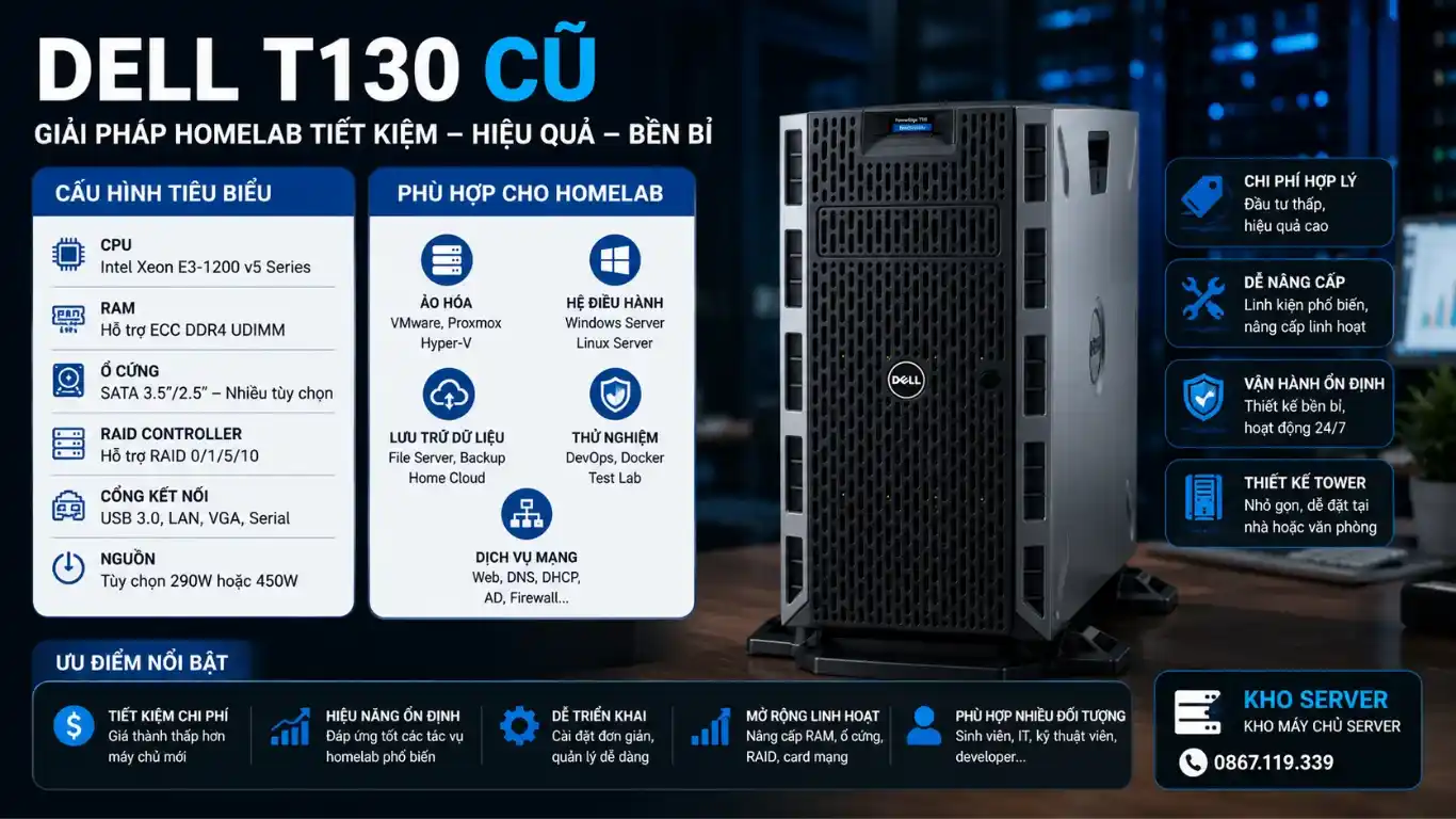 Dell T130 cũ là giải pháp Homelab tiết kiệm chi phí, phù hợp cho ảo hóa, lưu trữ dữ liệu và môi trường thử nghiệm