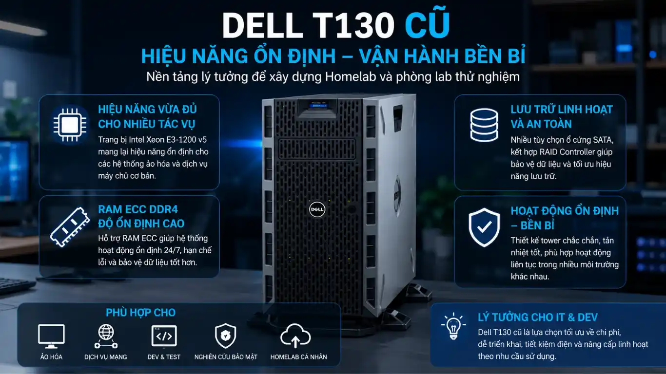 Hỗ trợ RAM ECC DDR4 và RAID Controller giúp Dell T130 vận hành bền bỉ, an toàn cho dữ liệu